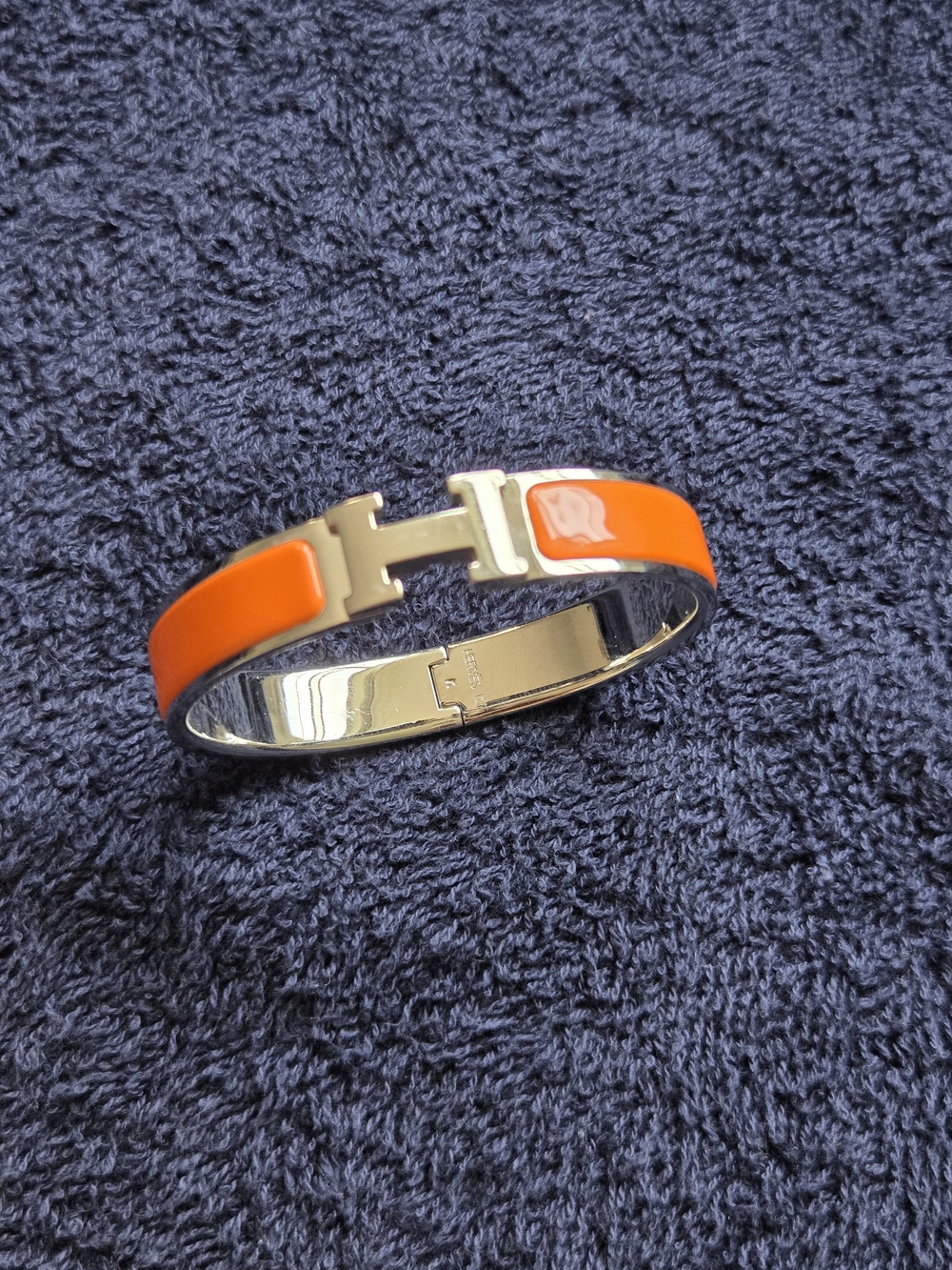 Hermès Clic H Hinged Enamel Bangle Bracelet Orange Silver Signed